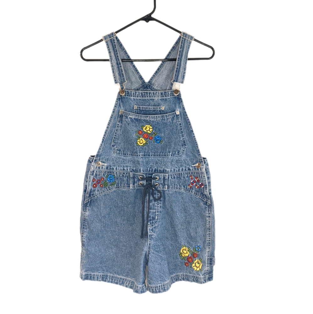 Vintage 90s Cottagecore Embroidered Floral Overall Shorts With Waist Tie